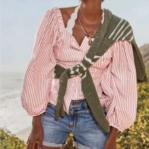Cabi Blouse Womens Medium Red White Striped Puff Sleeve Carnival Square‎ Neck